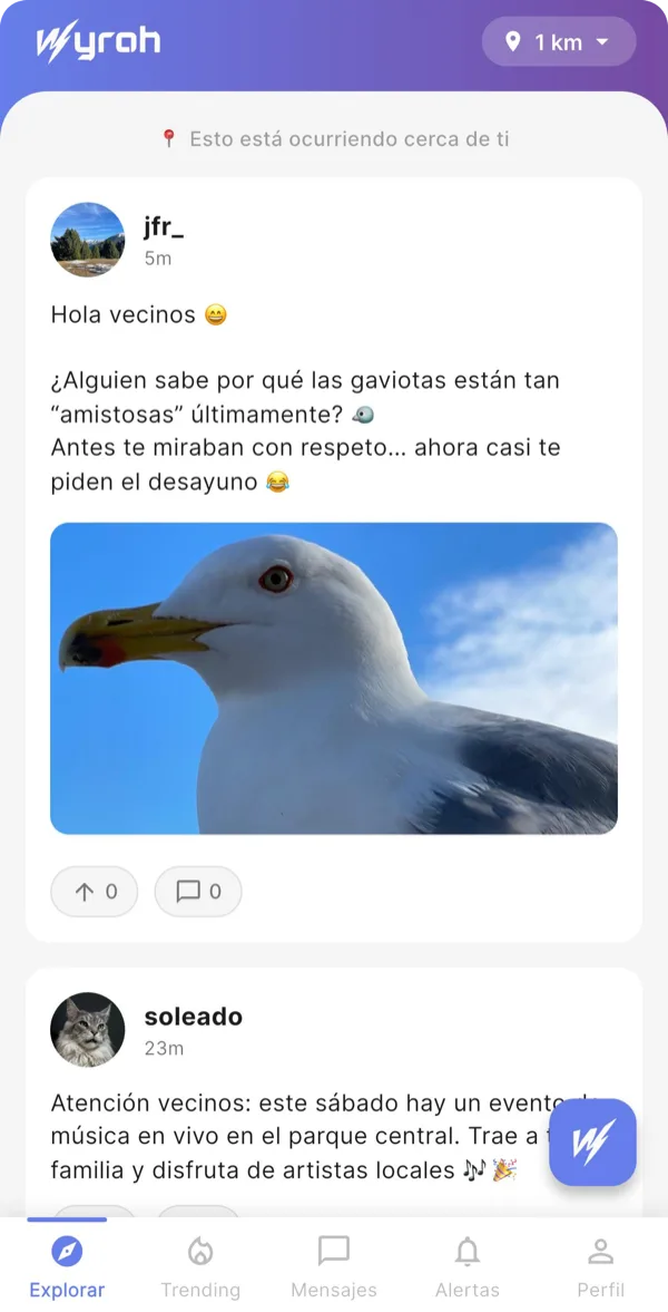 Wyroh — Feed de posts cerca de ti con contenido local y fotos